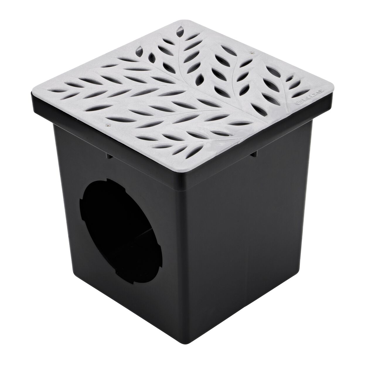 Alternate shot of NDS 12 in. Square Catch Basin Drain Grate, Decorative Botanical Design, Gray Plastic (NDS 1218GY) installed on a 12 in. Catch Basin Drain with 2 openings (NDS 1200*); Retail
