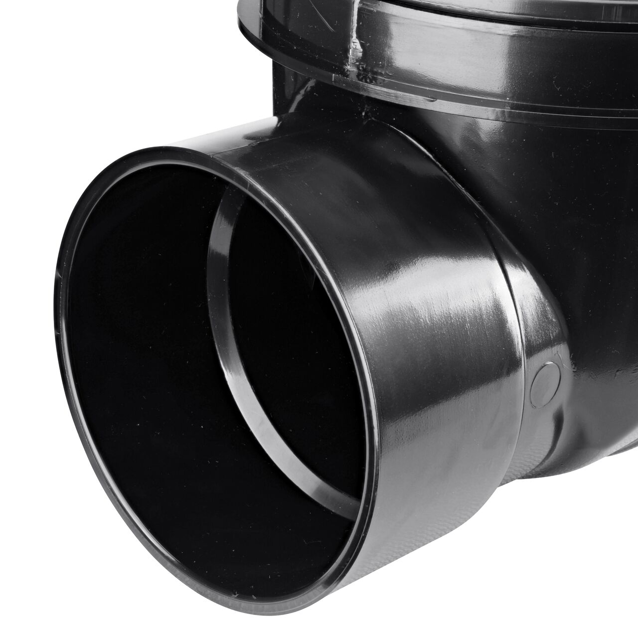 Closeup of the lower outlet end of the NDS Black 6 in. Backwater Valve (NDS 675)