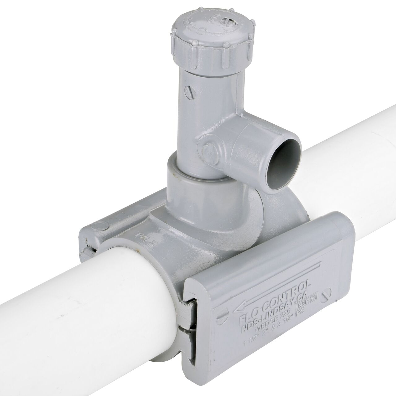 Once wedge is fully in place, pipe is ready to be cut to create new branch outlet on the 2 in. NDS Flo-Tap™ Rigid PVC saddle with 3/4 in. socket or 1 in. spigot (NDS 3120)