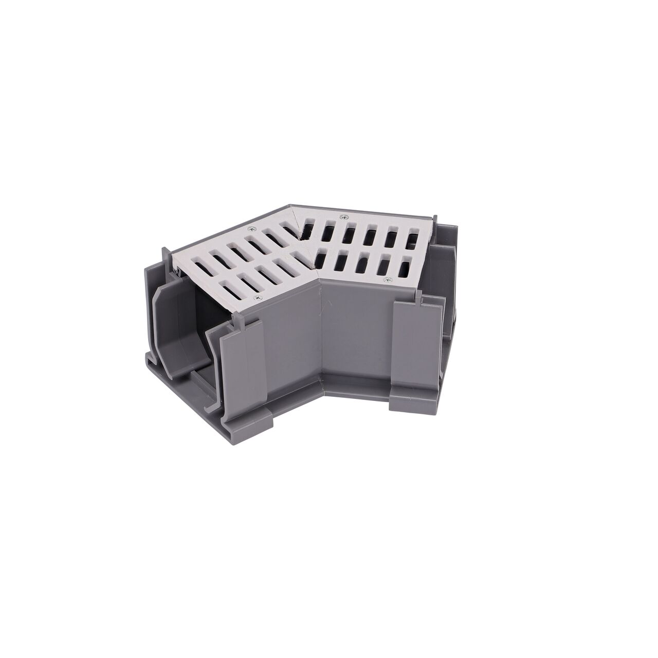Installation of couplers on either end of the NDS Gray Mini Channel™ Drain 45 Degree Elbow and Grate (NDS 5300)