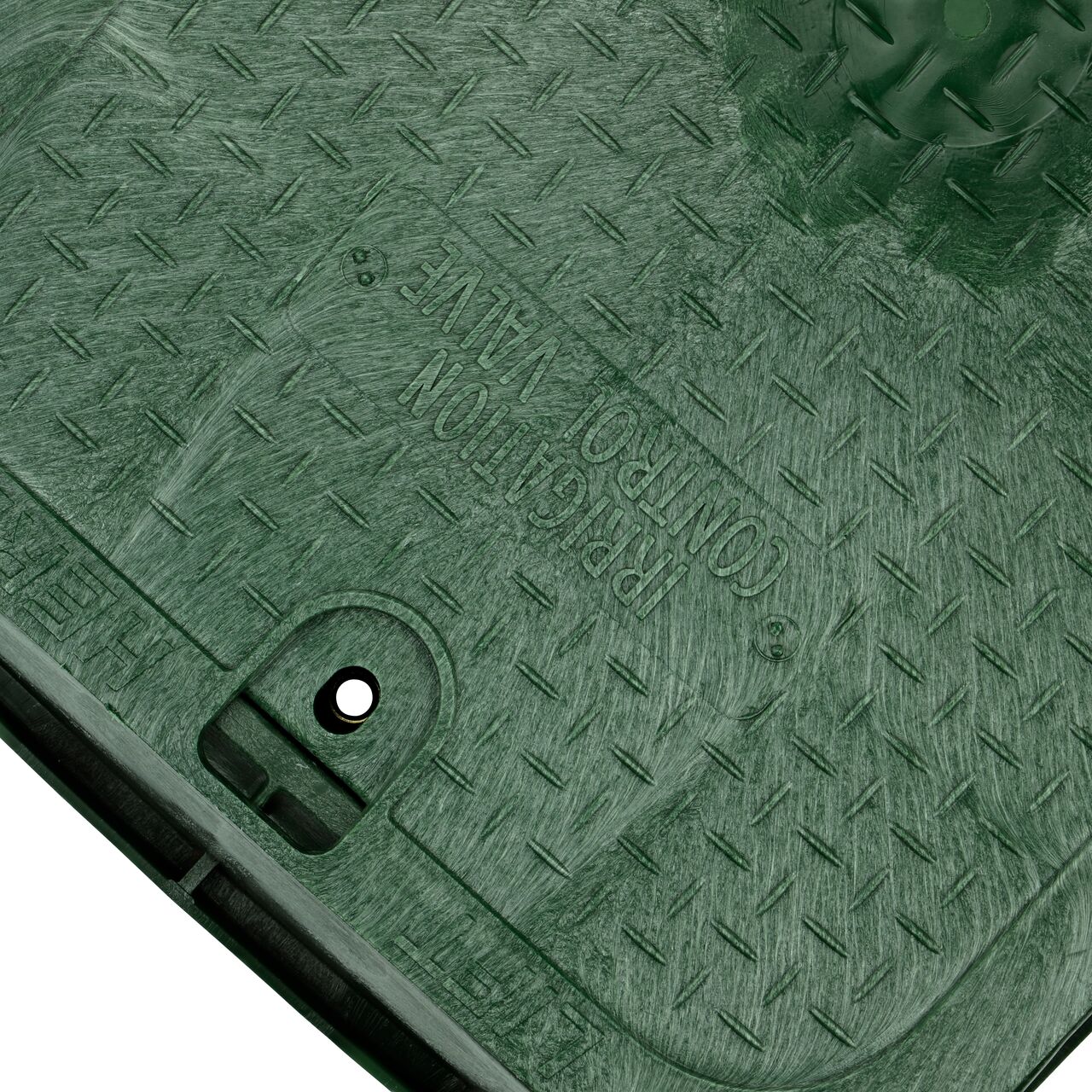 The valve box lid securely in place on the NDS 14 in. X 19 in. Rectangular Standard Series green Box Tapered Extension and Green Irrigation Control Valve Cover (NDS 116TBC) keeping components protected against the elements, foot traffic, lawn care equipment, and potential vandalism while keeping them out of sight