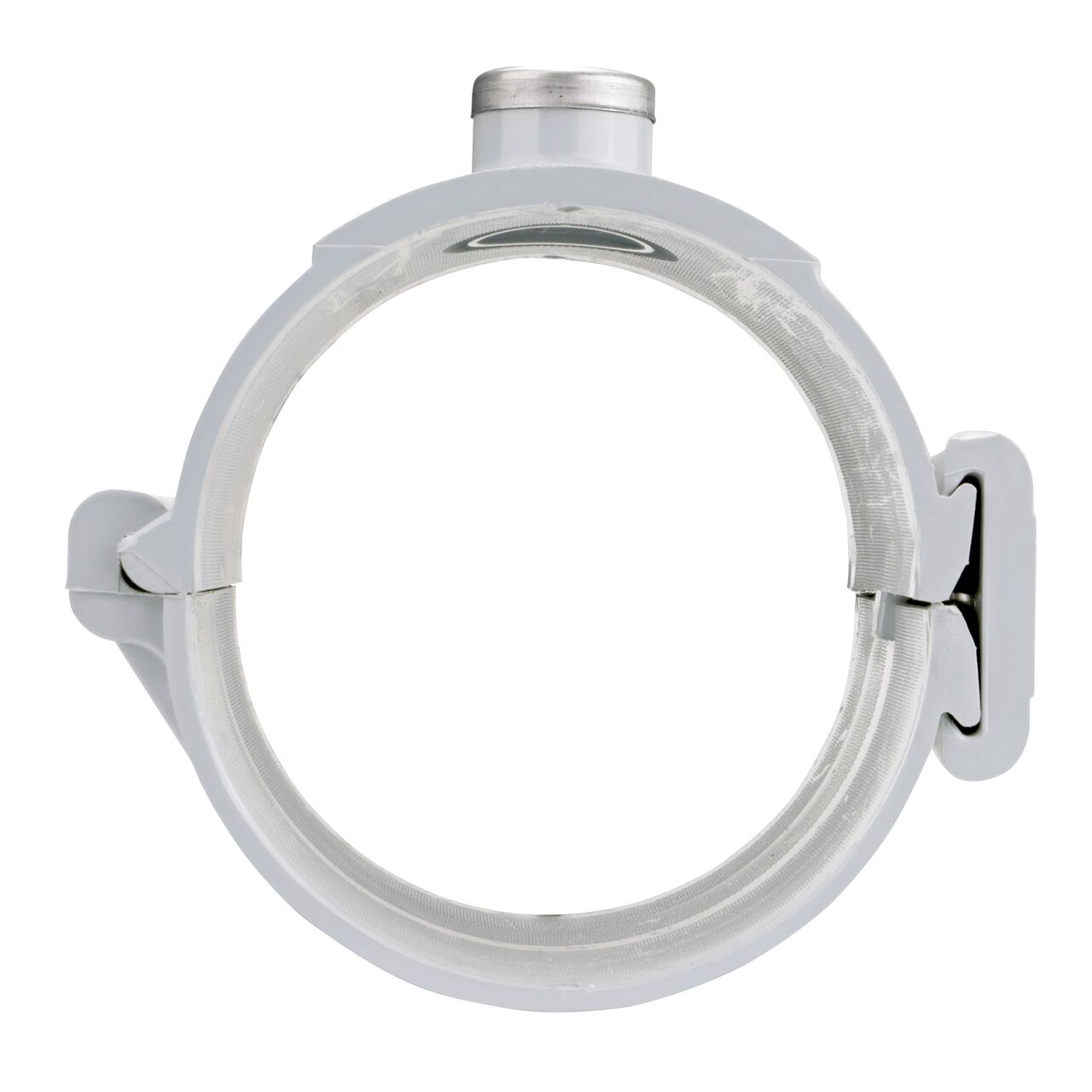 Front facing view of the NDS Clamp-It™ Rigid PVC Saddle with 1 in. FPT connection on top (NDS 446010) for 6 in. PVC pipe showing both the wedge and hinge sides