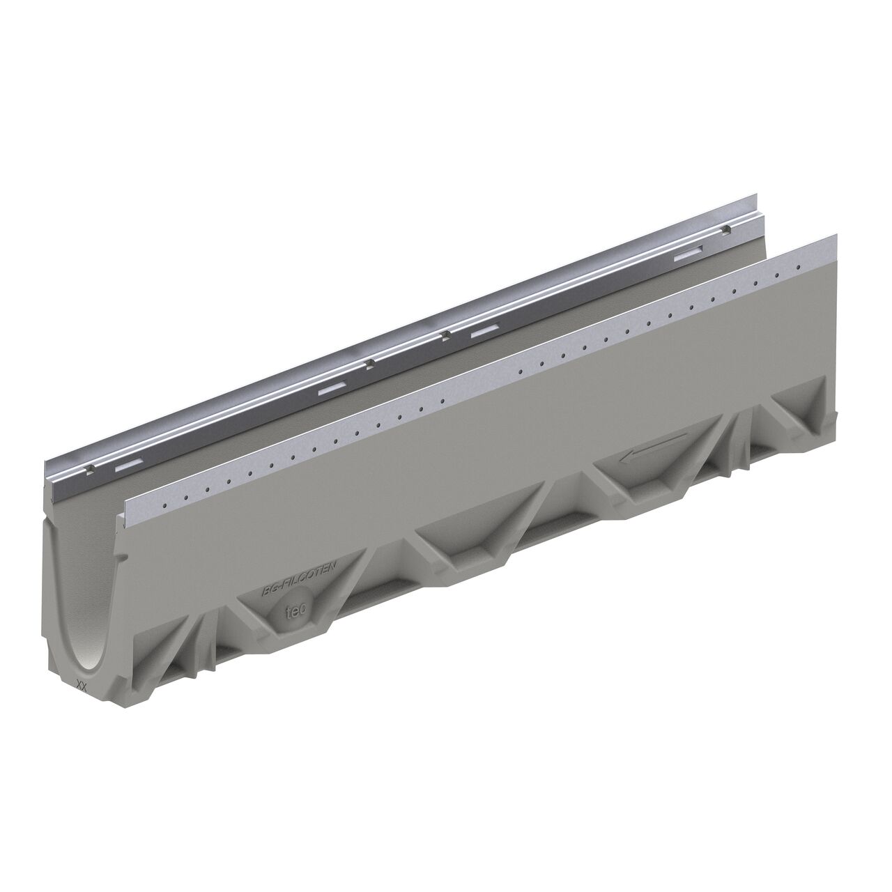 The female interlocking end of the BG-FILCOTEN® by NDS® tec V 100 Trench Channel Drain with Galvanized Steel Rails, a neutral channel drain called a 20-0 without a slope (NDS 10410264)