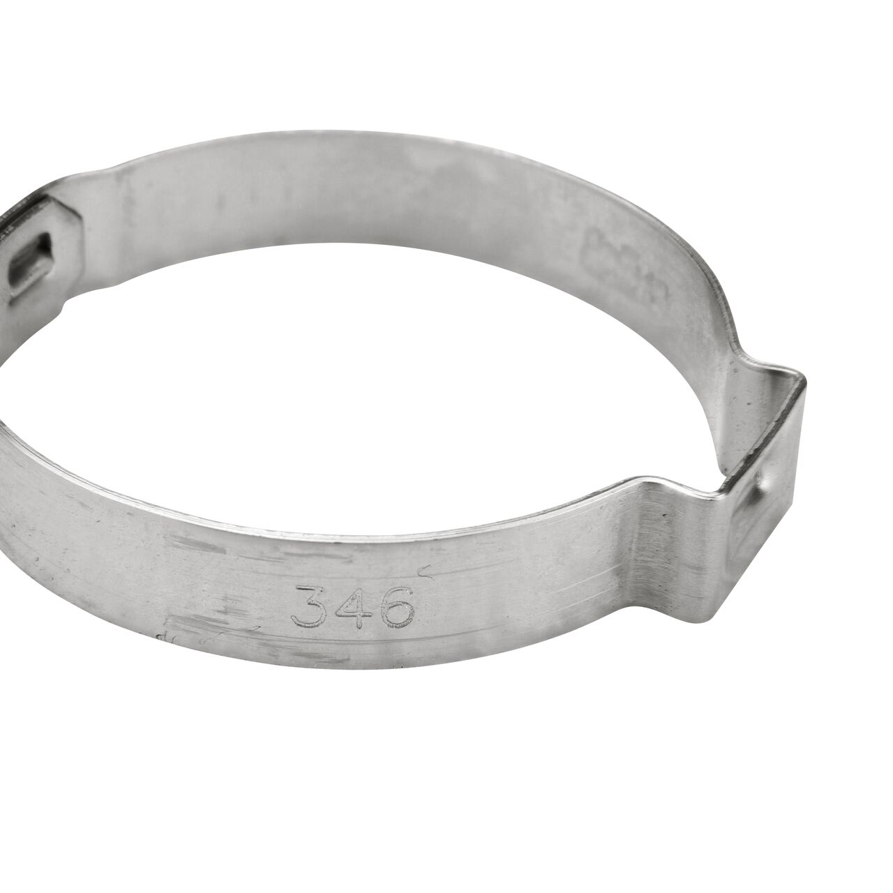 Closeup side view of the NDS 346R Stainless Steel Pinch Clamp (NDS NC-155000-021) that works with most soft hose and rigid plastic pipe to transport water and prevent leaks in pressurized systems