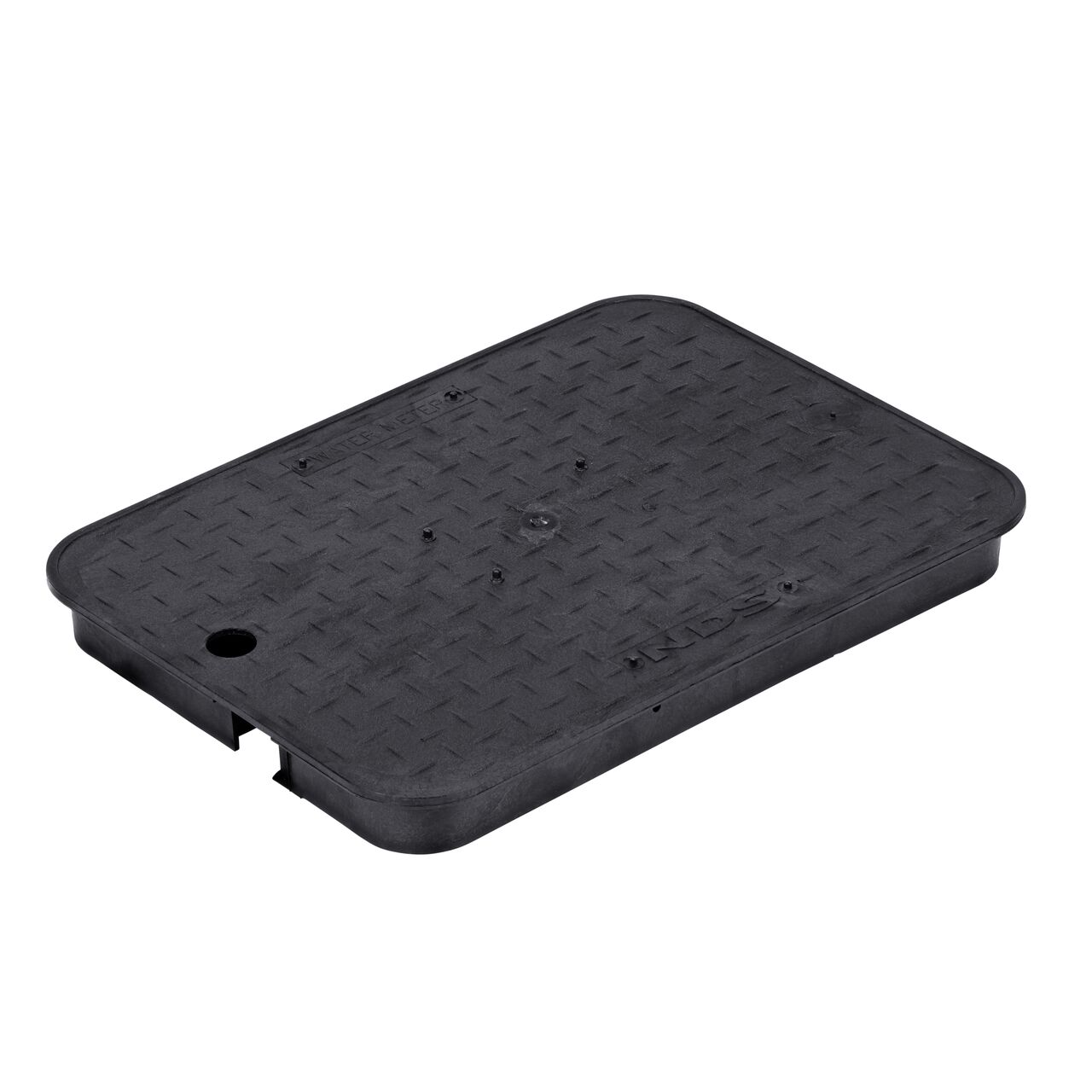 This NDS 13 in. X 20 in. Rectangular Standard Series Meter Box Cover is a Black Overlapping Cover with Water Meter markings on the lid (NDS D1500-OLSBL) and fits NDS standard series 13 in. X 20 in. meter boxes