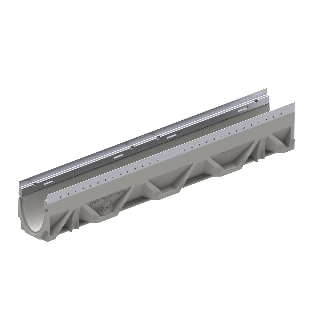 The female interlocking end of the BG-FILCOTEN® by NDS® tec V 100 Trench Drain with Galvanized Steel Rails, a 4 in. wide trench drain with high-load capacity made of high-performance concrete (HPC)