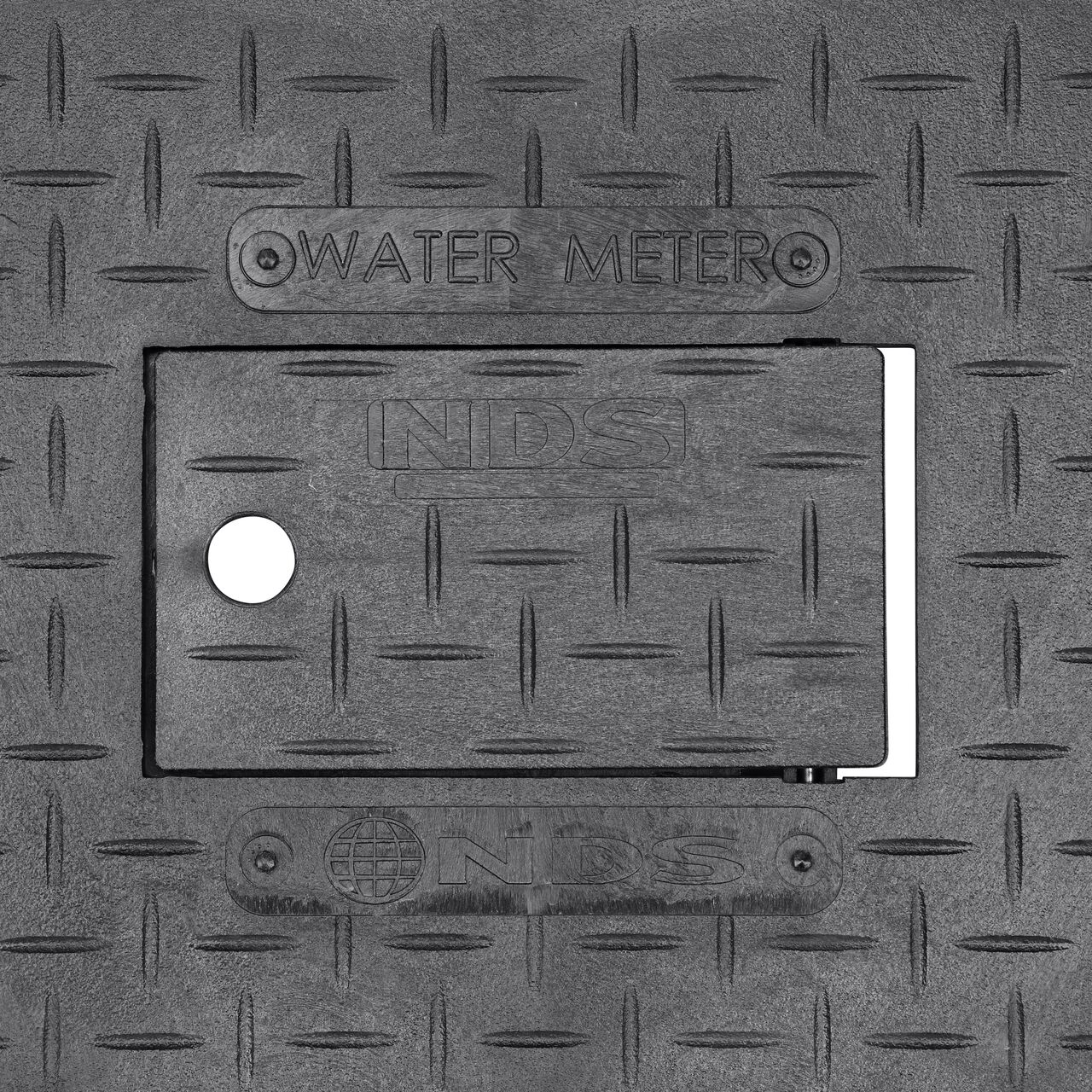 Bottom view of the reinforced ribs and Plastic reader door on the NDS 14 X 19 in. Black Water Meter Overlapping cover (NDS D1200-OLRBL) that fits the NDS 14 X 19 in. Standard Series Meter Box