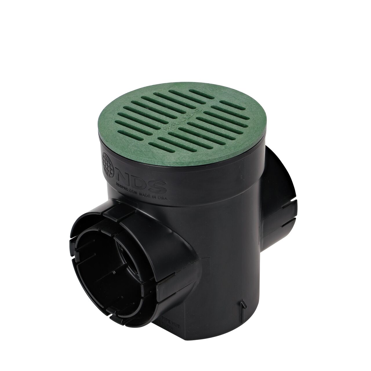 The NDS 6 in. Round Spee-D Catch Basin Drain with 2 outlets (NDS 201) fits the NDS green 6 in. drainage grates (NDS 50)