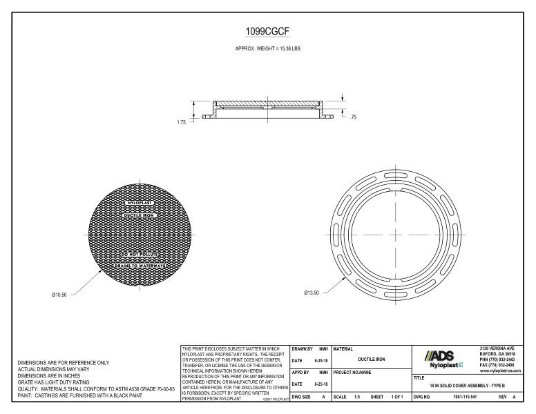 10" Solid Cover Assembly (Drain Basin) Nyloplast Detail
