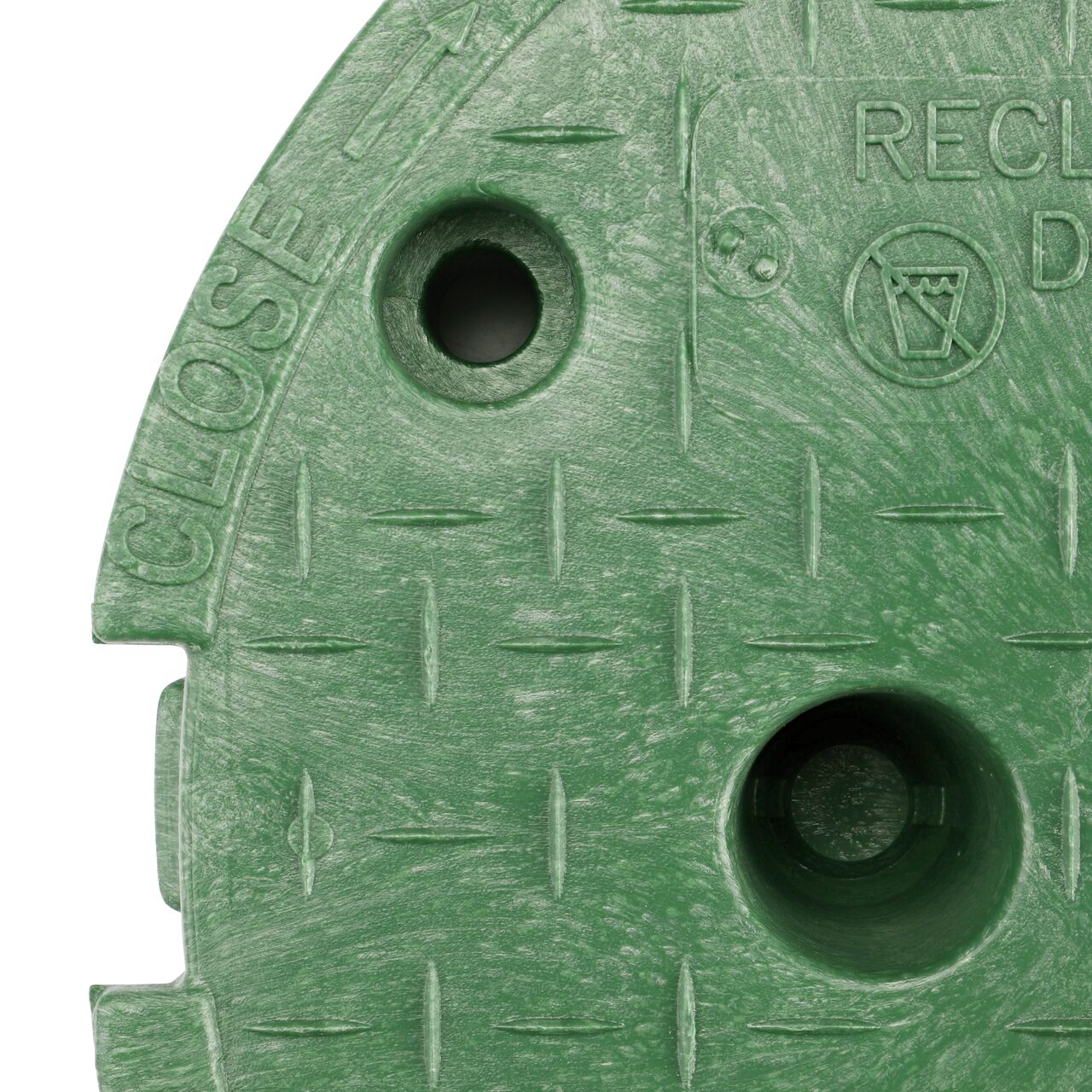 Closeup view of the bolt hole and finger hole on the Green Reclaimed Water cover for the NDS 10 in. Round Pro-Spec® Series Valve Box (NDS 311C)