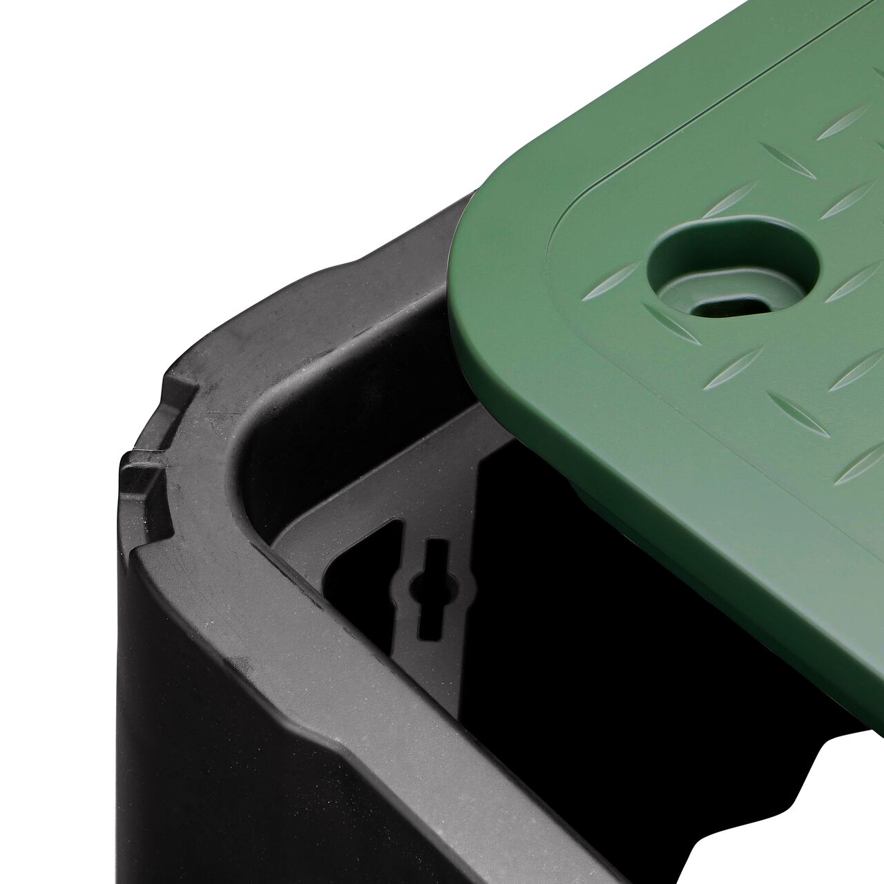 Align the bolt hole on the green Telecom Cover lid with the bolt hole from the NDS 17 in. X 30 in. X 24 in. Rectangular Pro-Spec Series Black Box (NDS 327BCBT) for a secure fit