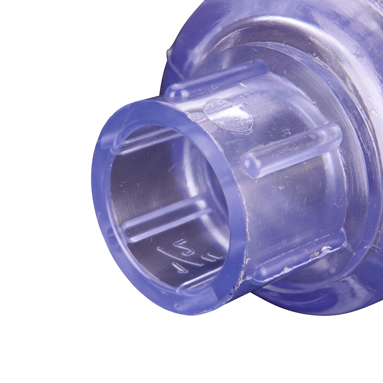 Closeup of the output end of the NDS Clear 1/2 in. slip end by slip end PVC Swing Check Valve (NDS 1520C05) which prevents backflow in pipelines