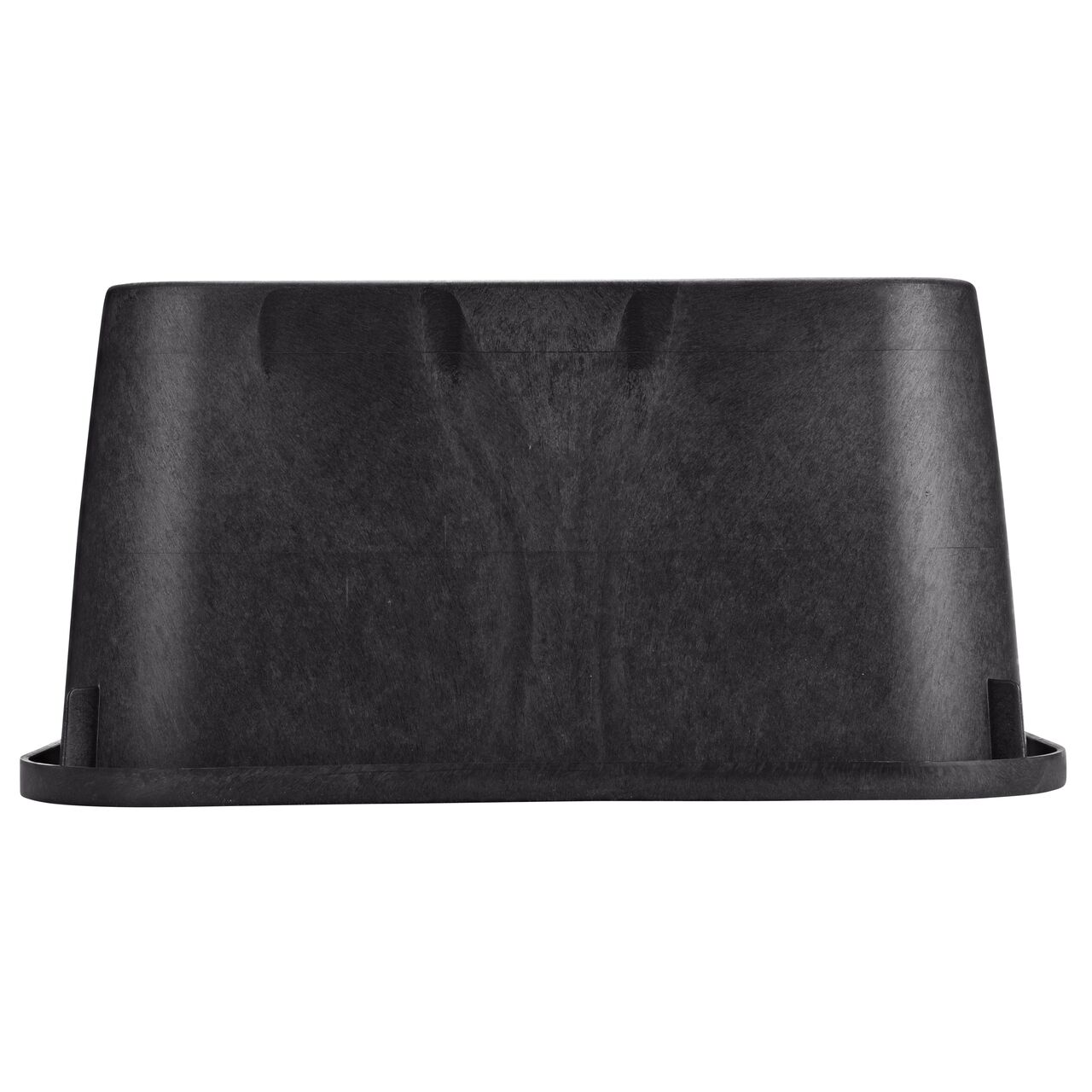 Side view of the non-pipe hole side on the NDS Black plastic 13 X 20 in. Rectangular Standard Series Jumbo Valve Box (NDS 117B) showing durability through the reinforced ribs and edging