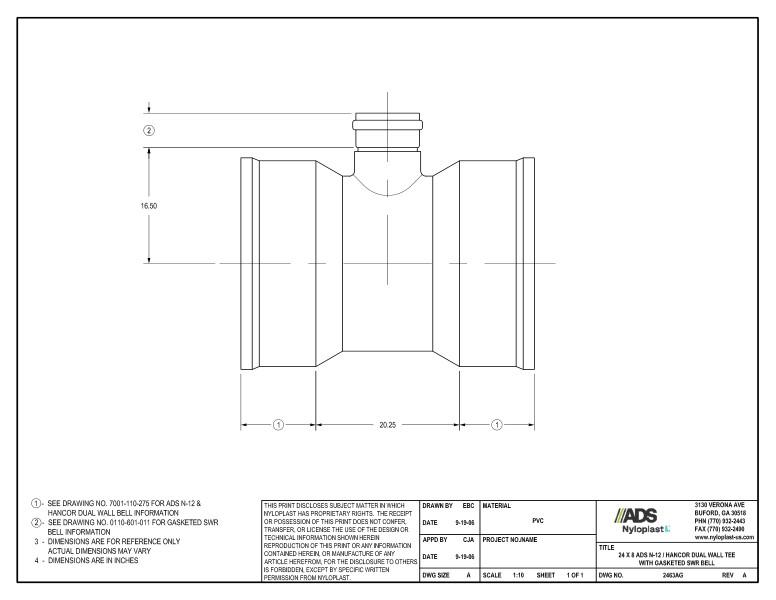 24 x 8 N-12 Dual Wall Tee with Gasketed SWR Bell Nyloplast Detail