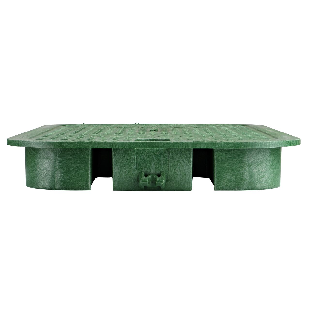 The NDS 14 in. X 19 in. Rectangular Standard Series Green Water Valve Box Cover (NDS 114CW) is an overlapping lid shown here from the side, and prevents dirt and debris from entering the valve box