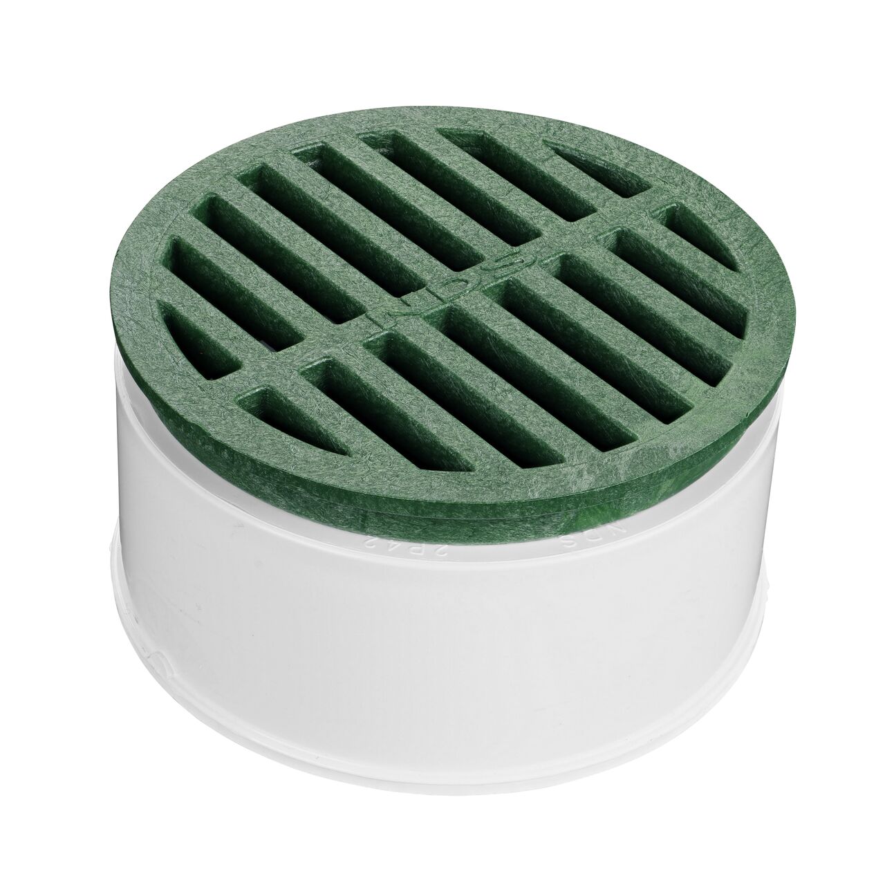 The 4 in. PVC S&D Adapter Bushing with a 4 inch drainage grate attached (NDS 2P42, NDS 13)