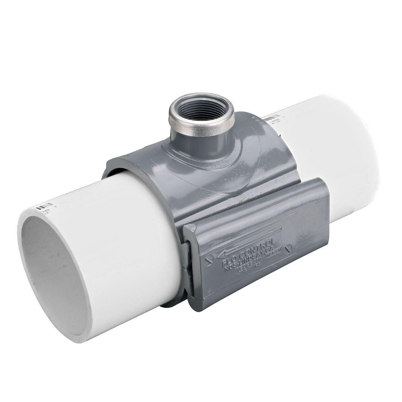 The NDS Clamp-It™ Rigid PVC Saddle with 1-1/4 in. FPT connection on top (NDS 444012) installed onto 4 in. PVC pipe with the wedge closure fully secure