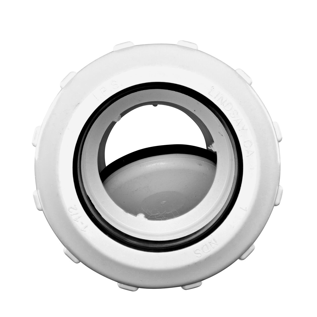 Water is conveyed through the valve as it pushes the flapper open on the NDS White 1-1/2 in. PVC Compression Swing Check Valve (NDS 1500-15)