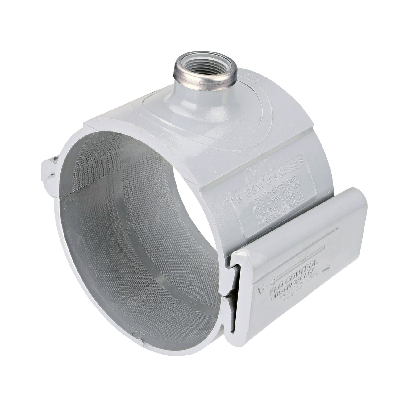 The NDS Clamp-It™ Rigid PVC Saddle with 1 in. FPT connection on top (NDS 446010) for 6 in. PVC pipe has a patented wedge design to install a sprinkler irrigation system to existing pipe without any bolts