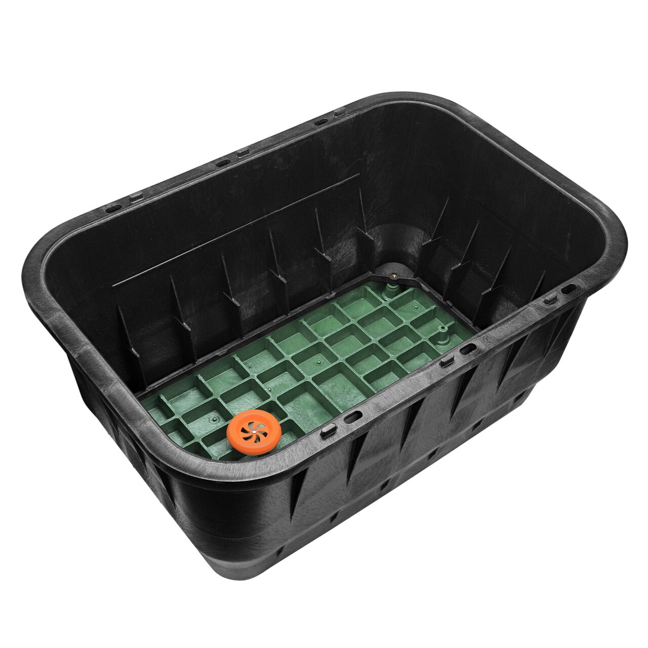 Upside down view of how the lid looks within the box with the fully installed electronic marker disc on the NDS 17 in. X 30 in. Rectangular Pro-Spec® Series Telecom Box and Cover (NDS 326BCBT-BG-M) which gives fiber optic cables and splices a clean and secure environment