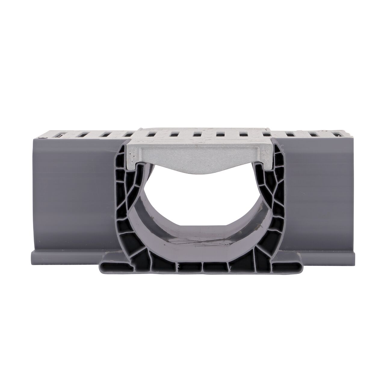 Top Down fully assembled Spee-D® Channel Drain Cross and Grate (NDS 2361) with couplers and channel drains attached to all ends