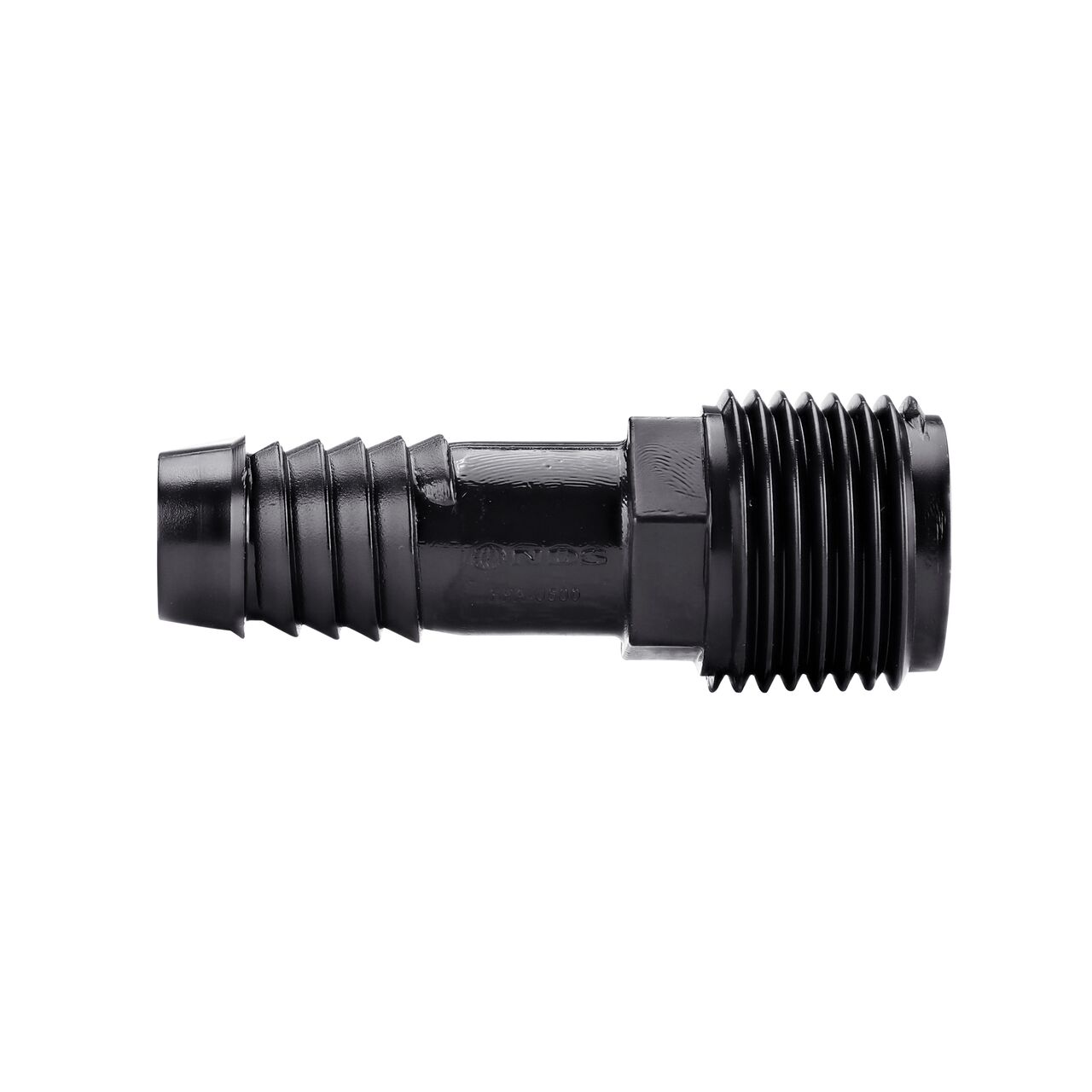 As part of a complete drip irrigation management system, the NDS 1/2 in. MPT X Barbed Flexee Swing Pipe Adapter barbed end connects 1/2 in. FPT fittings to irrigation supply tubing (NDS FPA-0500)