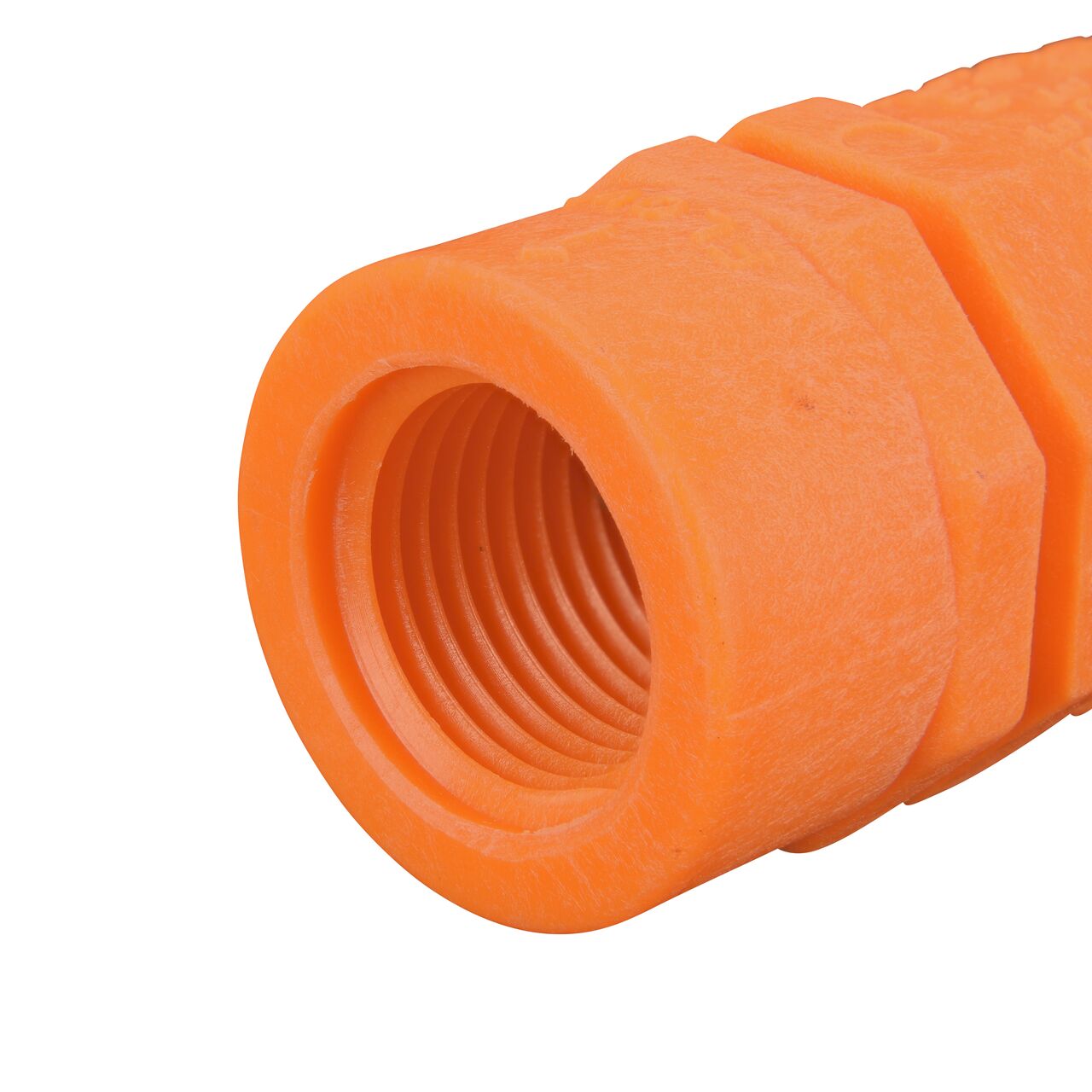 Closeup of the threaded end of theNDS Orange 1/2 in. IPS Female Threaded PVC Breakaway Coupling Valve (NDS 1010-05-O)