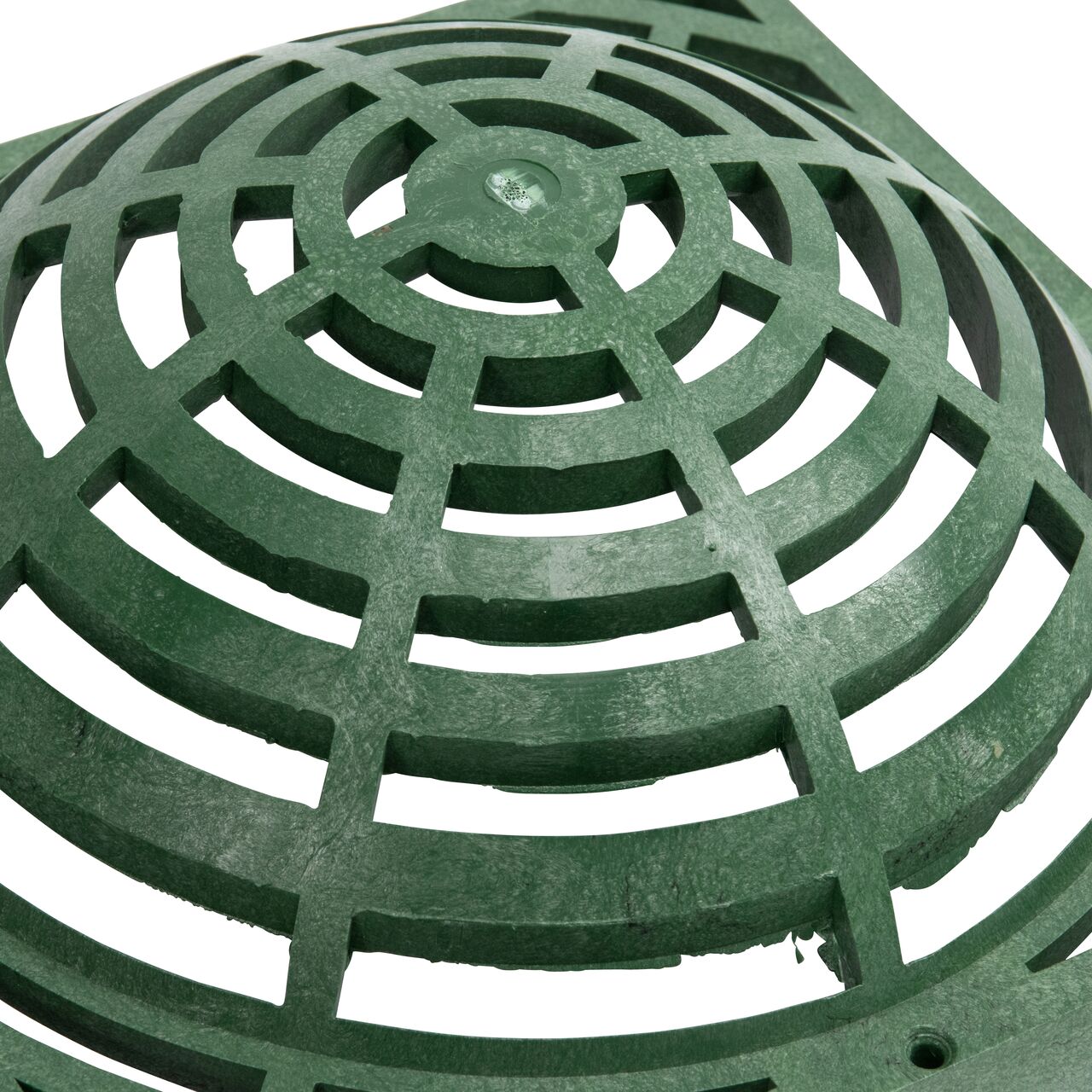 Closeup view of NDS 9 in. Square Atrium Catch Basin Drain Grate, Green Plastic (NDS 991)