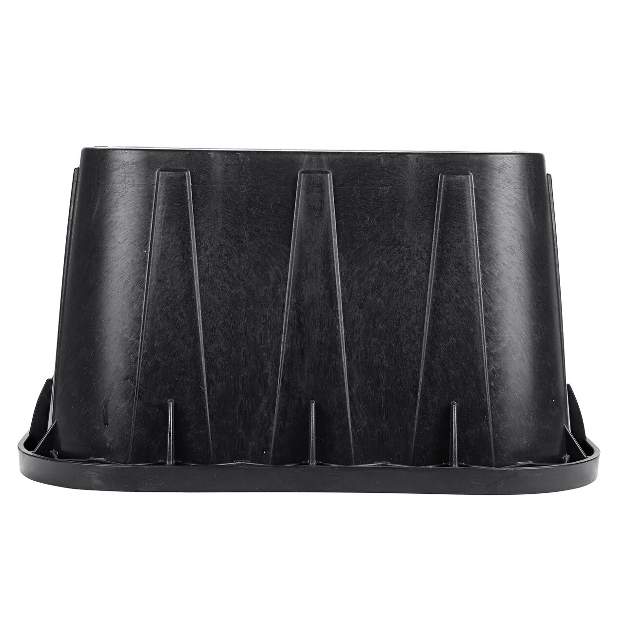 Side view of the non-pipe hole side on the NDS Black plastic 14 in. X 19 in. Rectangular Pro-Spec® Series Valve Box (NDS 314BBLK) showing durability through the reinforced ribs and edging