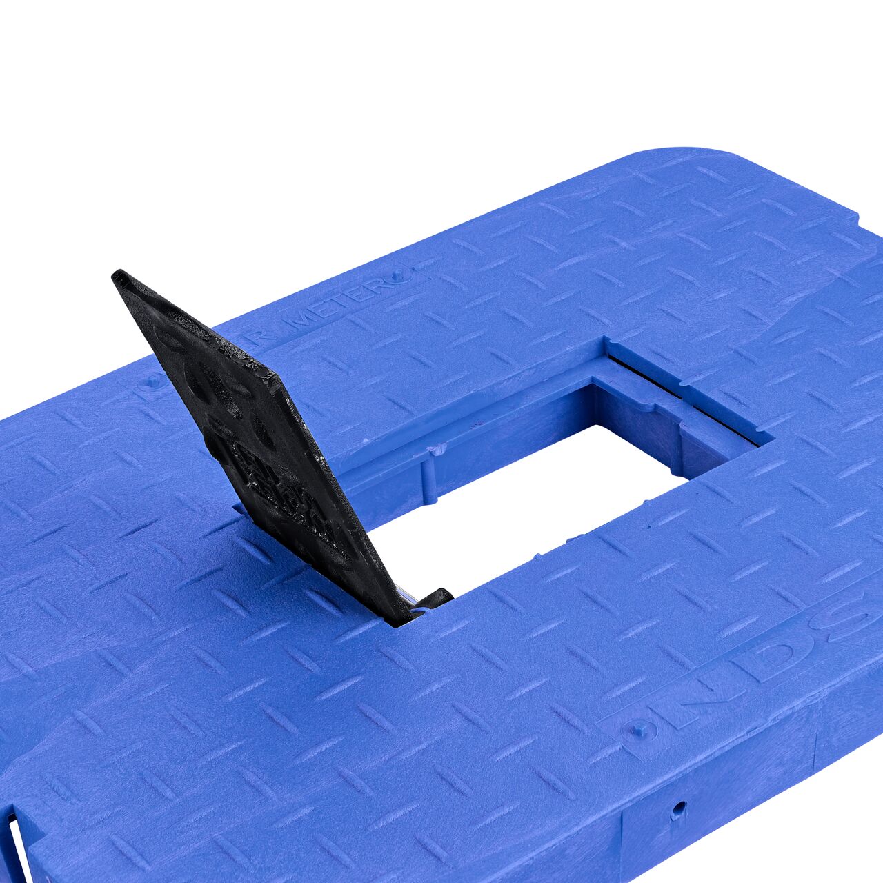 Close up view of the hinged side of the Cast Iron reader door on the Water Meter Blue Drop-in 13 in. X 20 in. Rectangular Standard Series Meter Cover which allows for easy meter reading (NDS D1500-DICIRBLU)