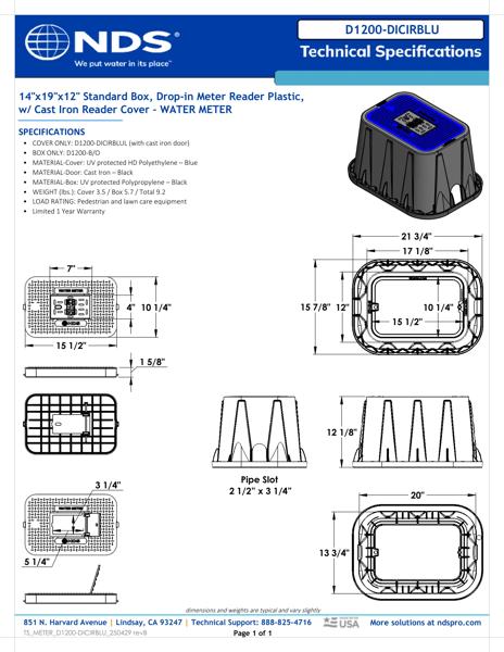 NDS 14 in. X 19 in. Rectangular D1200 Meter Box and Drop-in Cover, 12 in. Height, Black Box, Blue Water Meter Cover with Cast Iron Reader Tech Spec