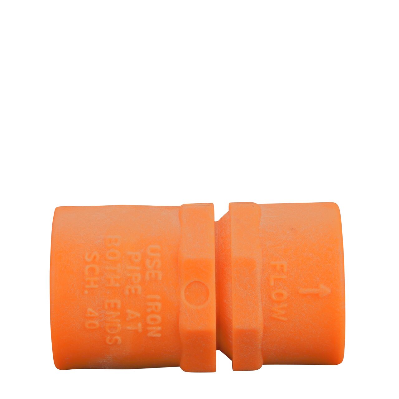 Closeup of the arrow showing water flow of the NDS 3 in. White PVC Spring Check Valve NDS Orange 1/2 in. IPS Female Threaded PVC Breakaway Coupling Valve (NDS 1010-05-O)