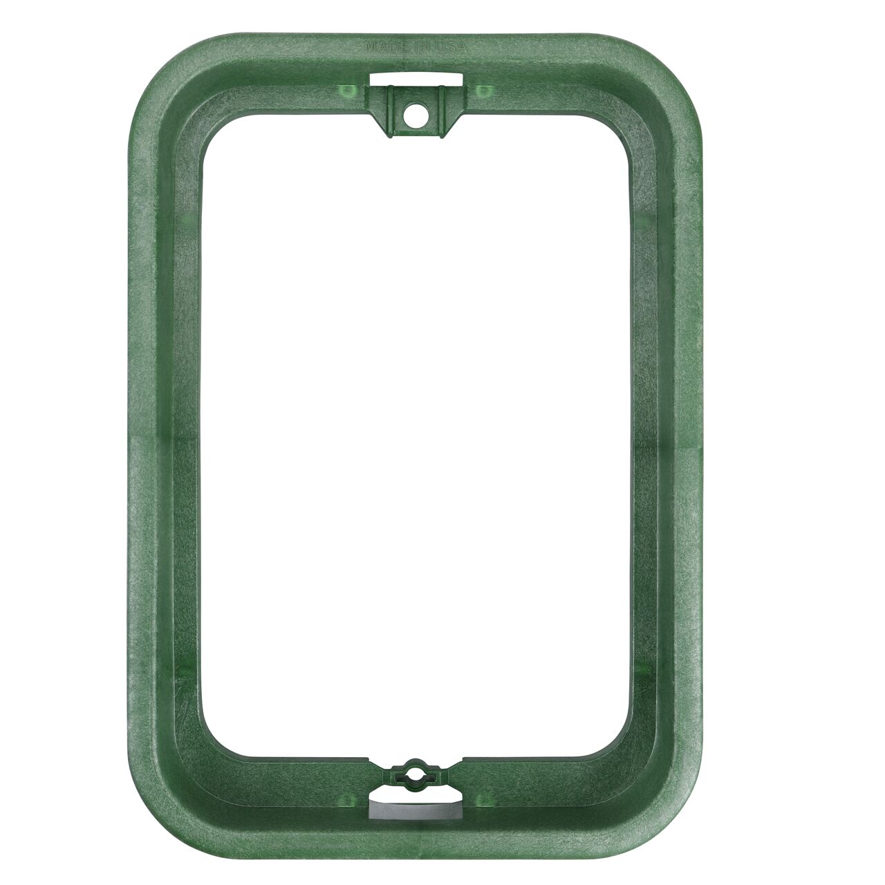 Top down view of the inside of the durable Green plastic 14 X 19 in. Rectangular Standard Series Valve Box (NDS 114B) showing bolt hole, and how the valve cover is secured to the valve box