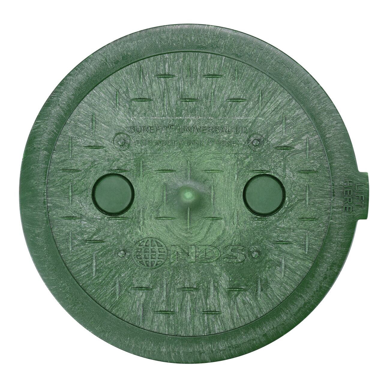 Top-down view of 6 in. Round SureFit Universal Lid; lift tab for removal; fingers holes can be knocked out (NDS 6RND-UC)