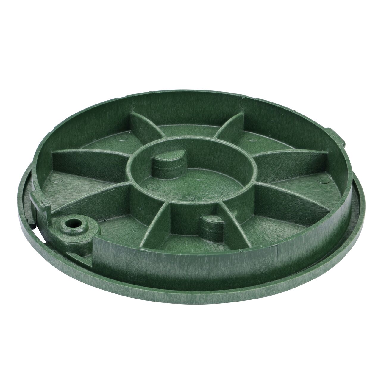 Bottom view of the reinforced ribs on the NDS 10 in. green sewer valve cover (NDS 111CS) that fit the NDS 10 in. Standard Series Valve Box