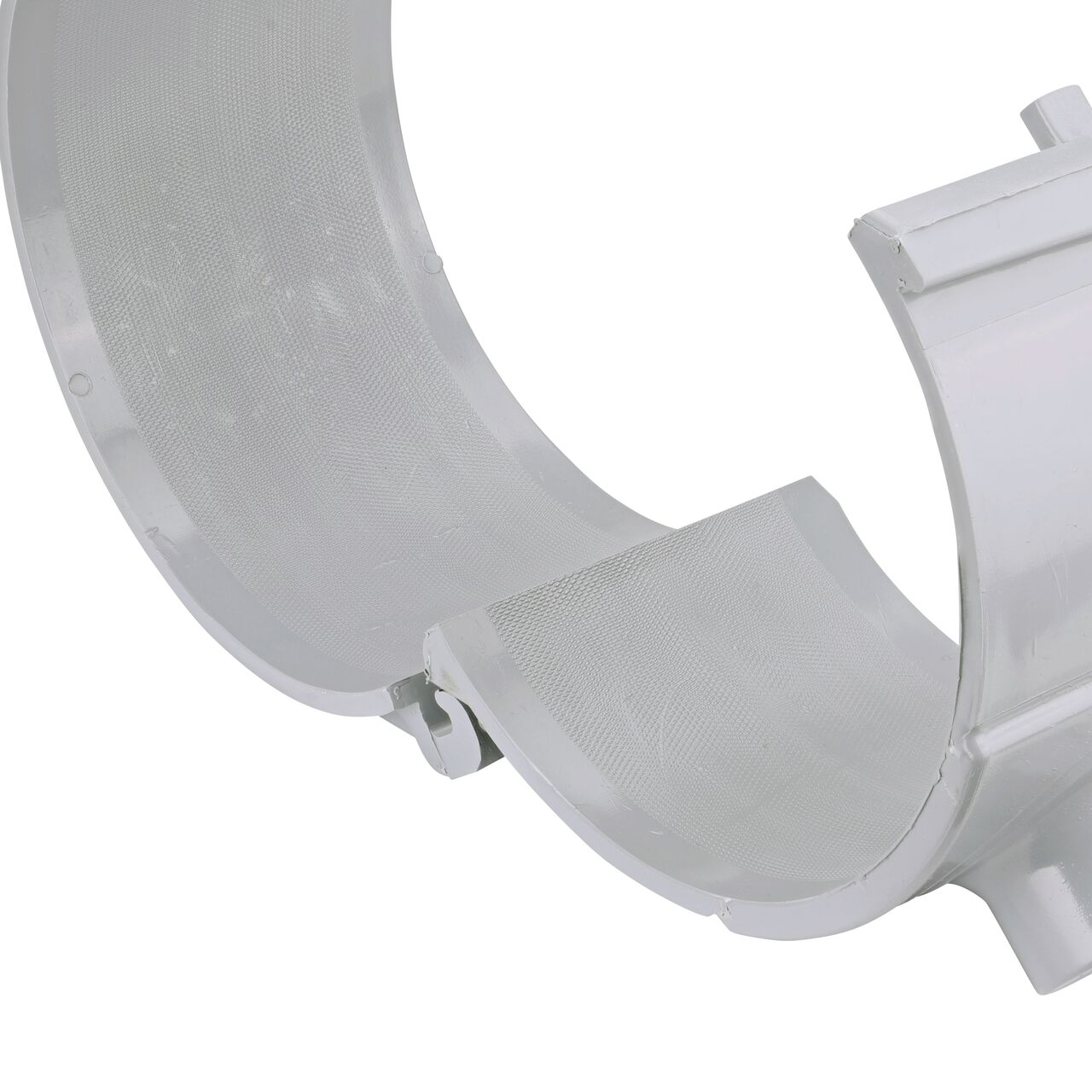 Closeup of the hinge open on the NDS Clamp-It™ Rigid PVC Saddle with 1-1/2 in. slip connection on top (NDS 458015) for 8 in. PVC pipe