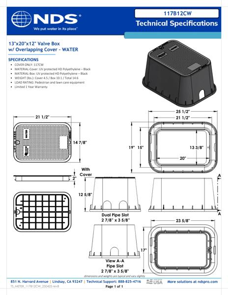 NDS 13 in. X 20 in. Rectangular Meter Box with Dual Pipe Slots and Cover, 12 in. Height, Black Box, Black Water Cover Tech Spec
