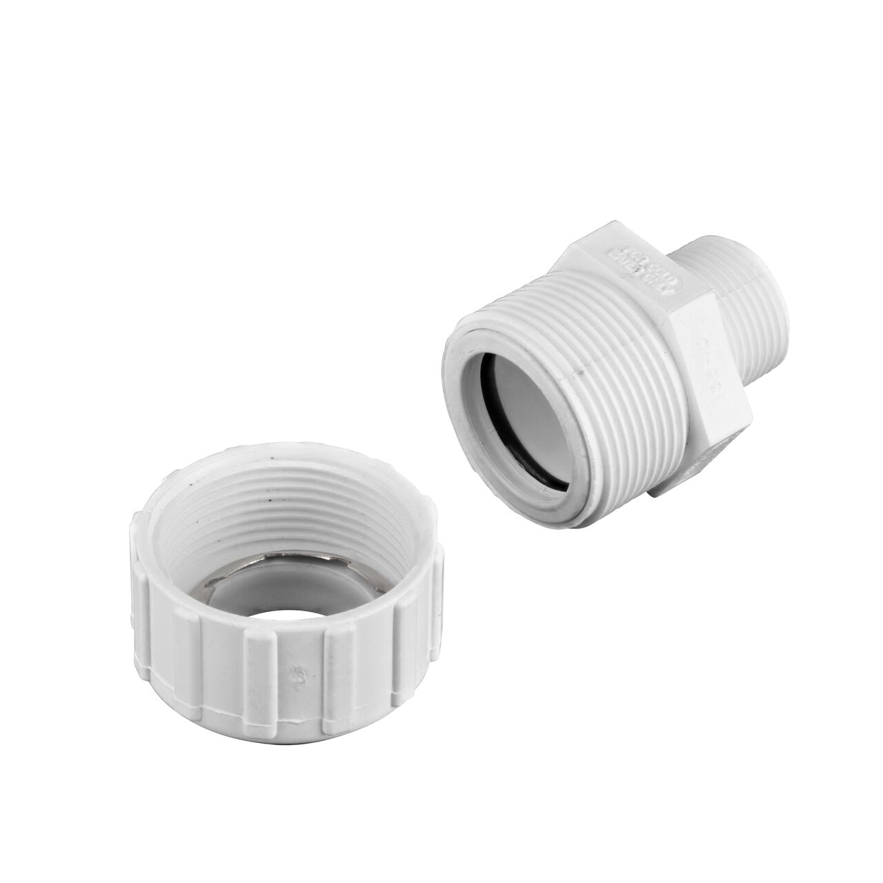 Unassembled NDS 3/4 in. Flo-Lock™ Gripper Adapter showing where the two ends come apart to secure the adapter to the pipe (NDS 135-07)