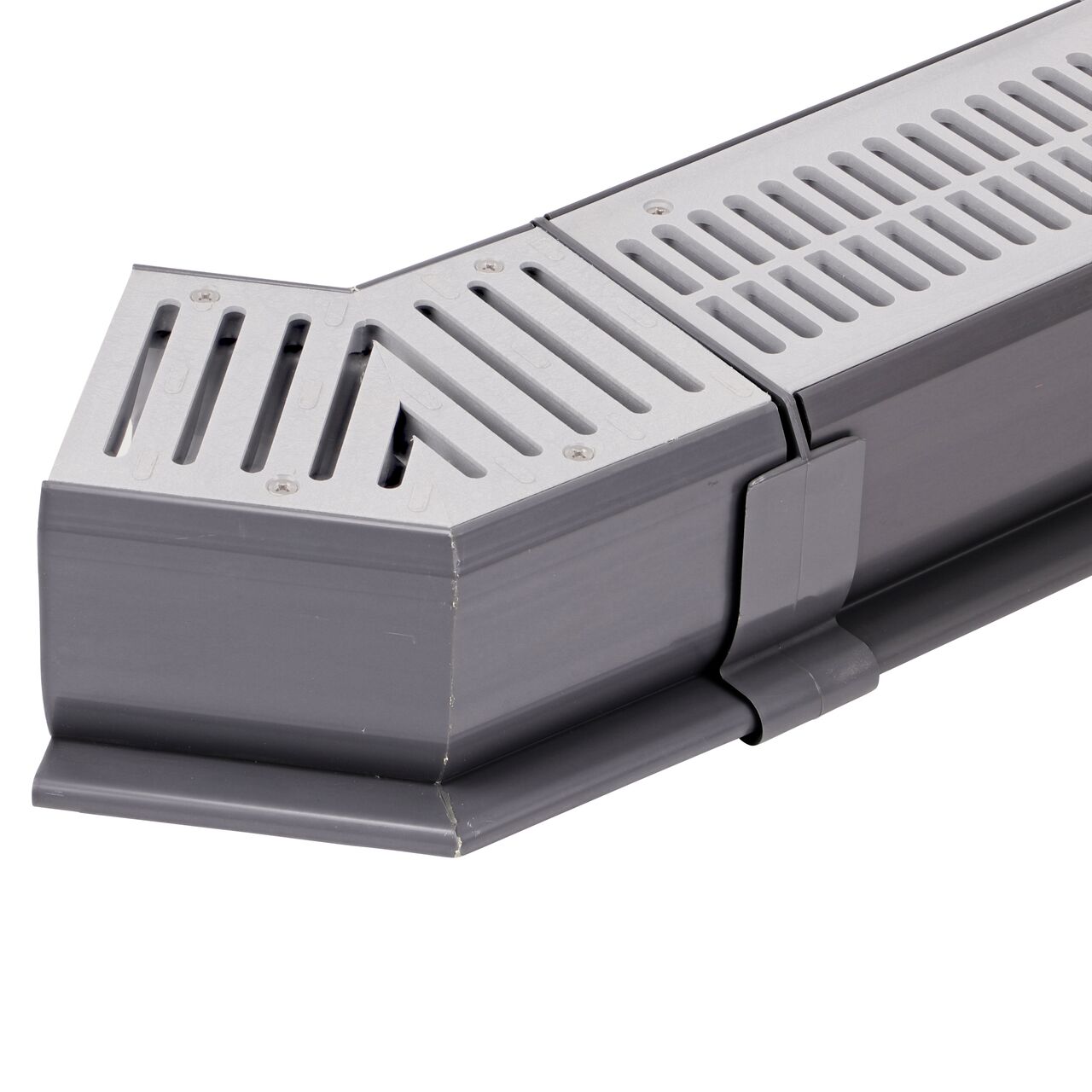 Connect the other end of the gray NDS Spee-D® Channel Drain and Grate with 45° Elbow (NDS 2301*) to a Spee-D® Channel Drain and Grate (NDS 241-1*) with the Spee-D® Channel Drain Coupling (NDS 248*) to make a bend in your channel drain system