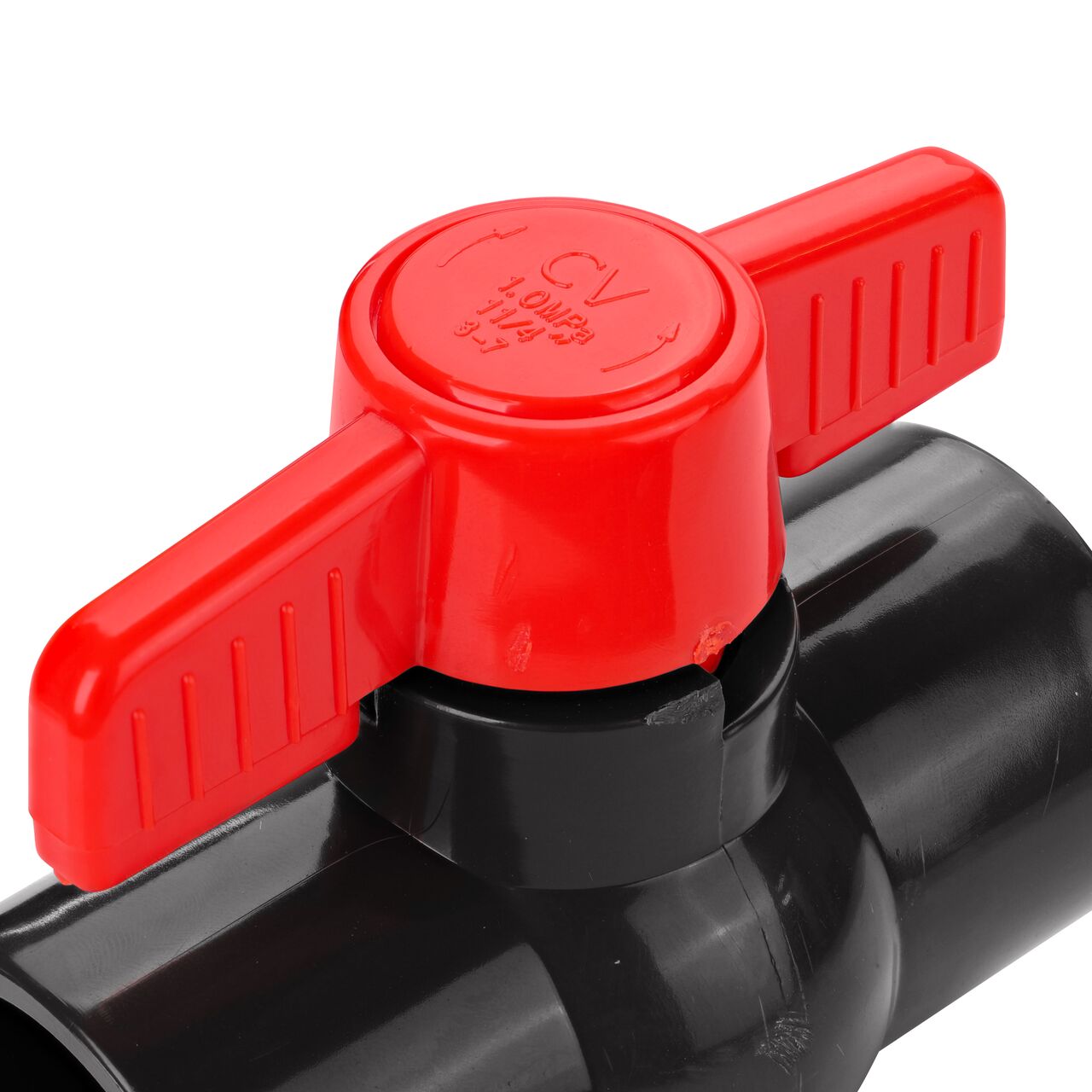 Closeup of the NDS IPS Ball Valve showing the handle that rotates two ways to control water flow (NDS E1610-12)