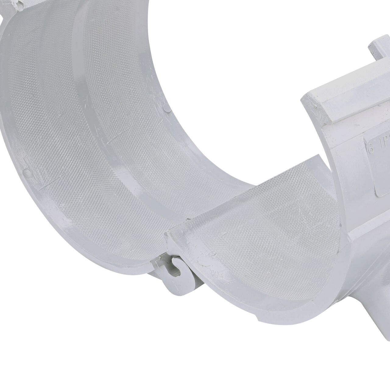 Closeup of the hinge open on the NDS Clamp-It™ Rigid PVC Saddle with 2 in. slip connection on top (NDS 456020) for 6 in. PVC pipe