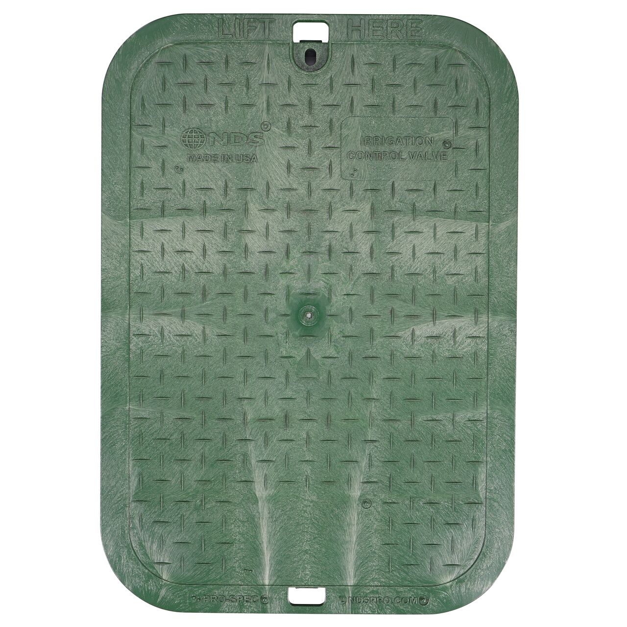 Top down view of the top side of the Green Irrigation Control Valve cover for the NDS 13 in. X 20 in. Rectangular Pro-Spec® Series Valve Box (NDS 318BCB) showing the Green Irrigation Control Valve markings