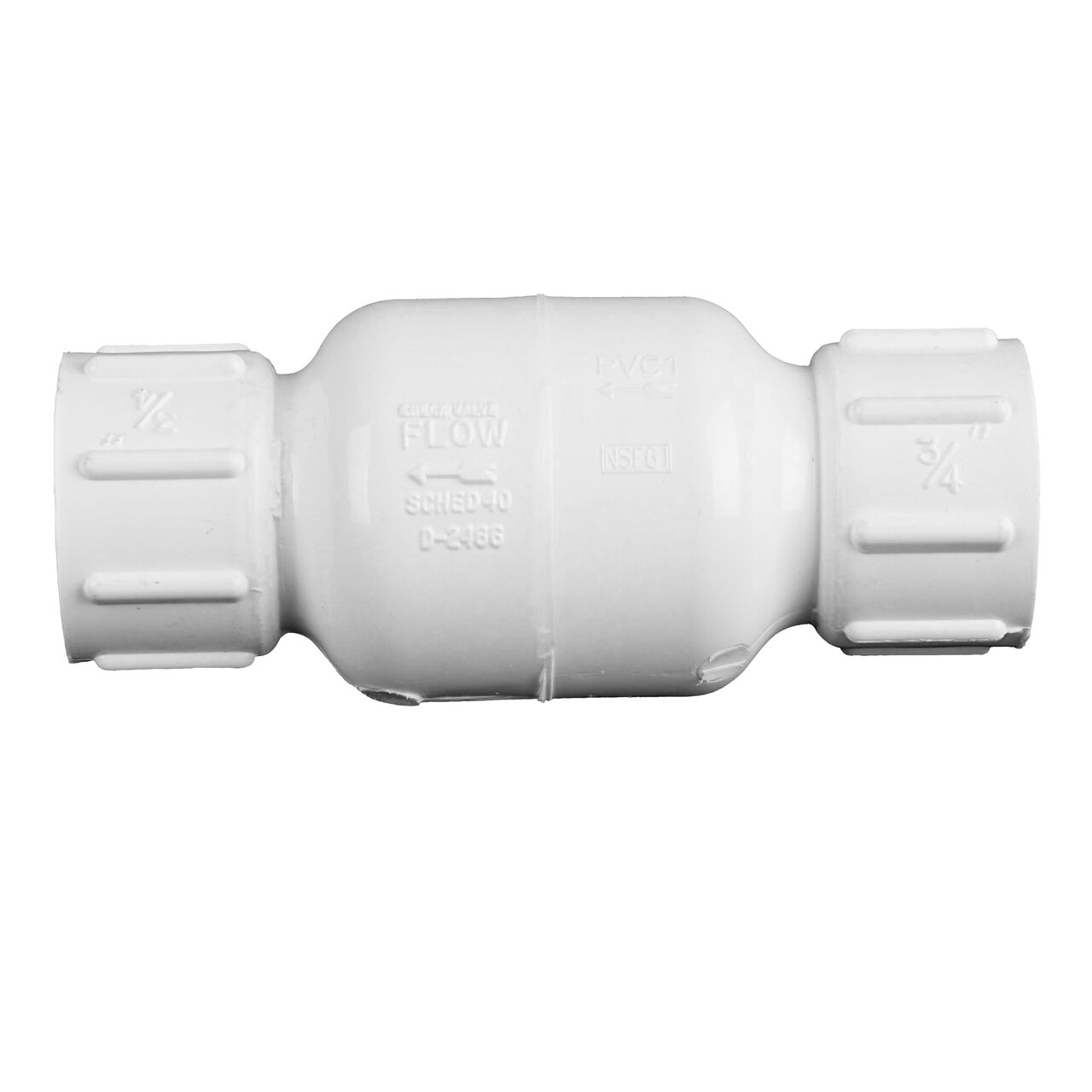 Side to side view of the NDS White 3/4 in. IPS FPT X FPT PVC Adjustable Spring Check Valve (NDS 1205-07, NDS 1205-07-20)