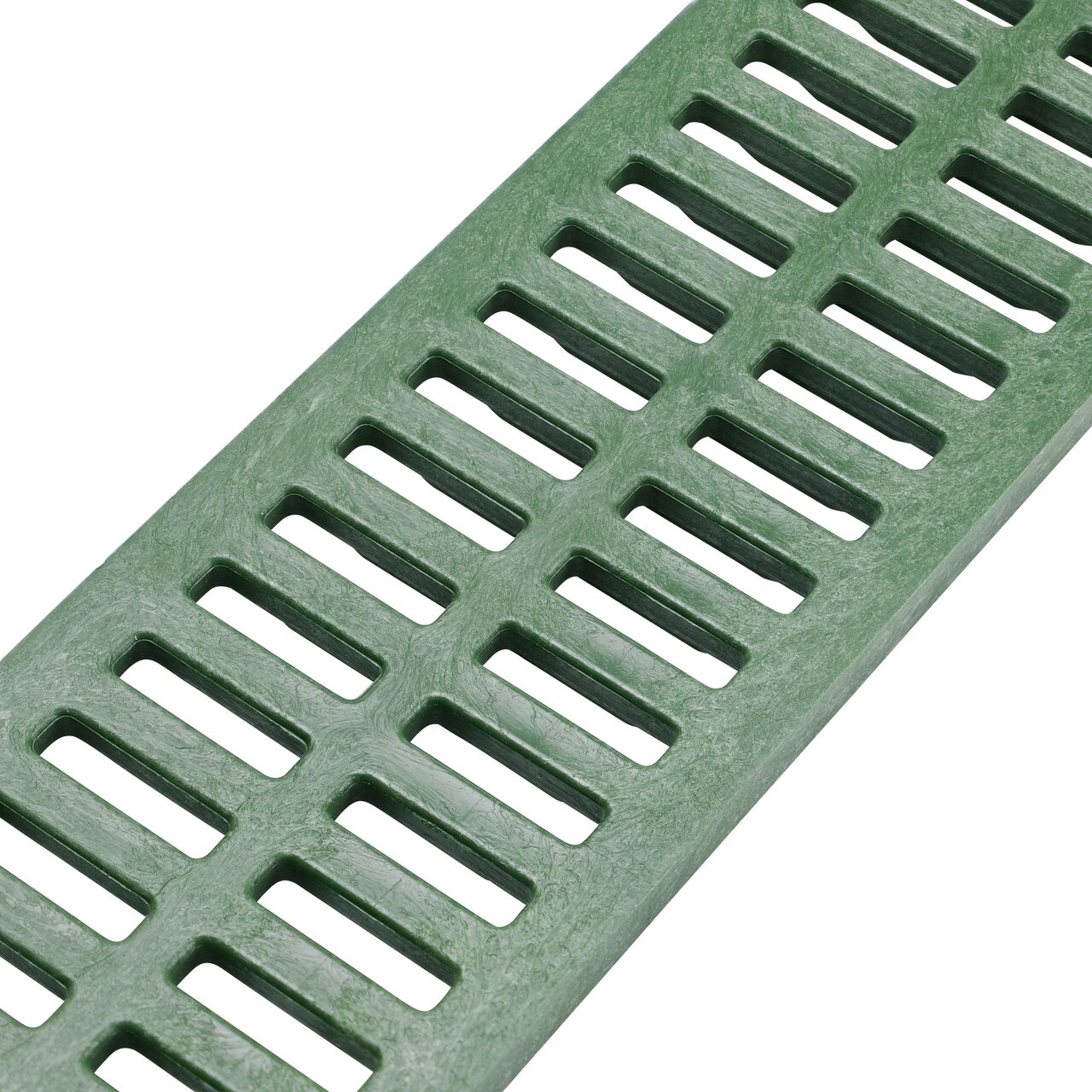 Closeup angled view of the Green Plastic Mini Channel™ Drain Grate (NDS 542)