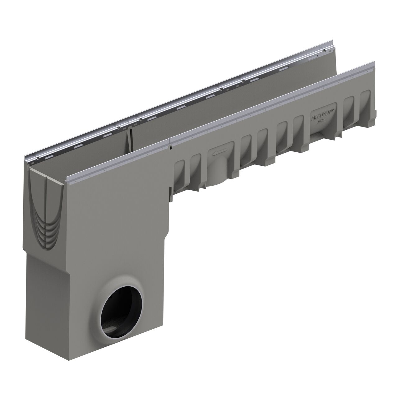 The BG-FILCOTEN® by NDS® 200 Trench Drain Inline Catch Basin Kit 1-outlet and trash bucket connects alongside 8 in. wide BG-FILCOTEN 200 channel
