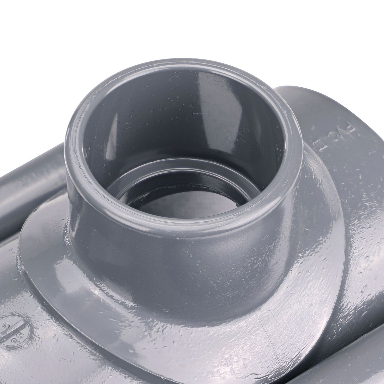 Closeup of the 1-1/2 in. slip connection on the NDS Clamp-It™ Rigid PVC Saddle (NDS 453015) for 3 in. PVC pipe