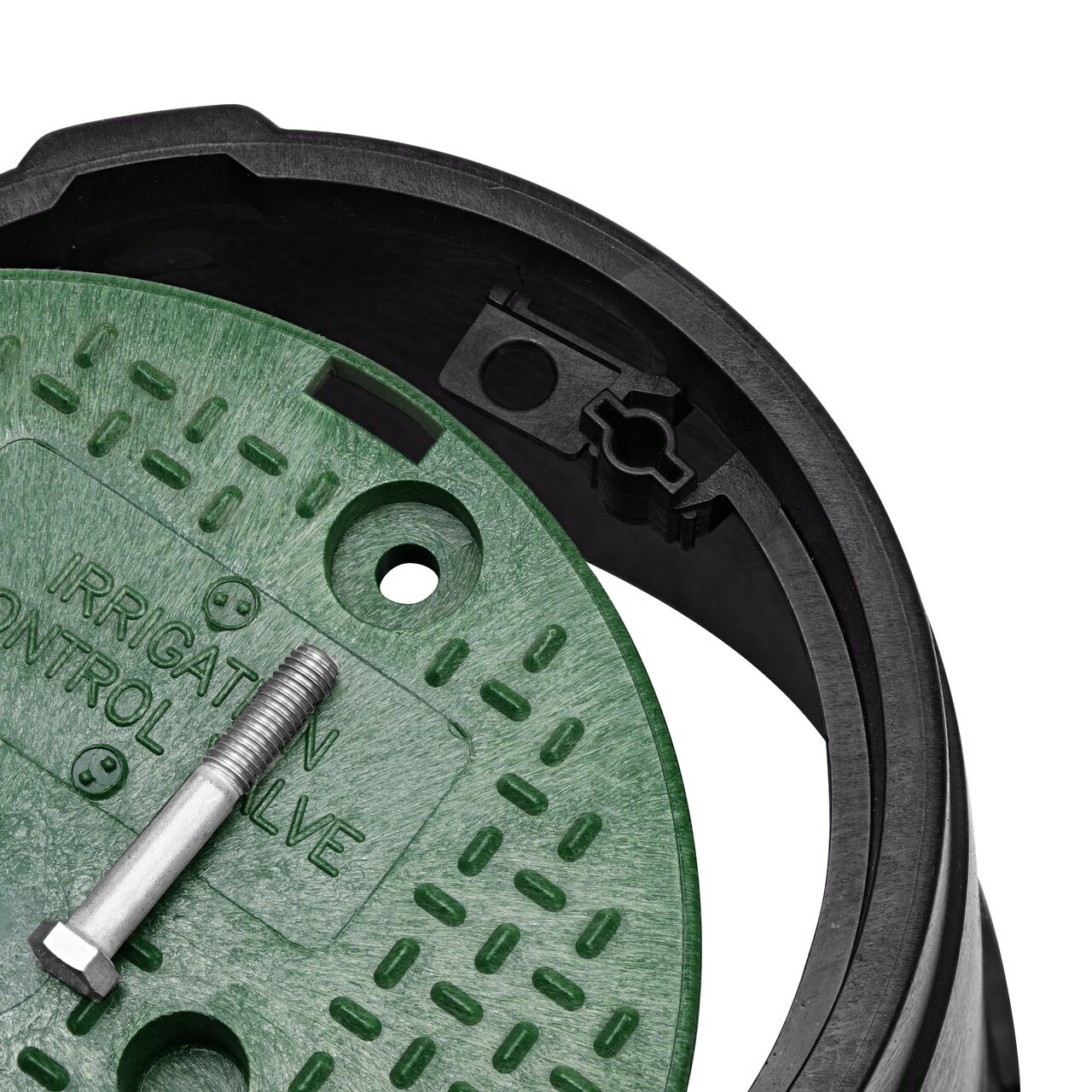 Align the bolt hole on the lid with the bolt hole from the NDS 10 in. round standard series black box and green irrigation control valve cover (NDS 111BCS) for a secure fit