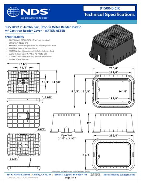 NDS 13 in. X 20 in. Rectangular D1500 Meter Box and Drop-in Cover, 12 in. Height, Black Box, Black Water Meter Cover with Cast Iron Reader Tech Spec