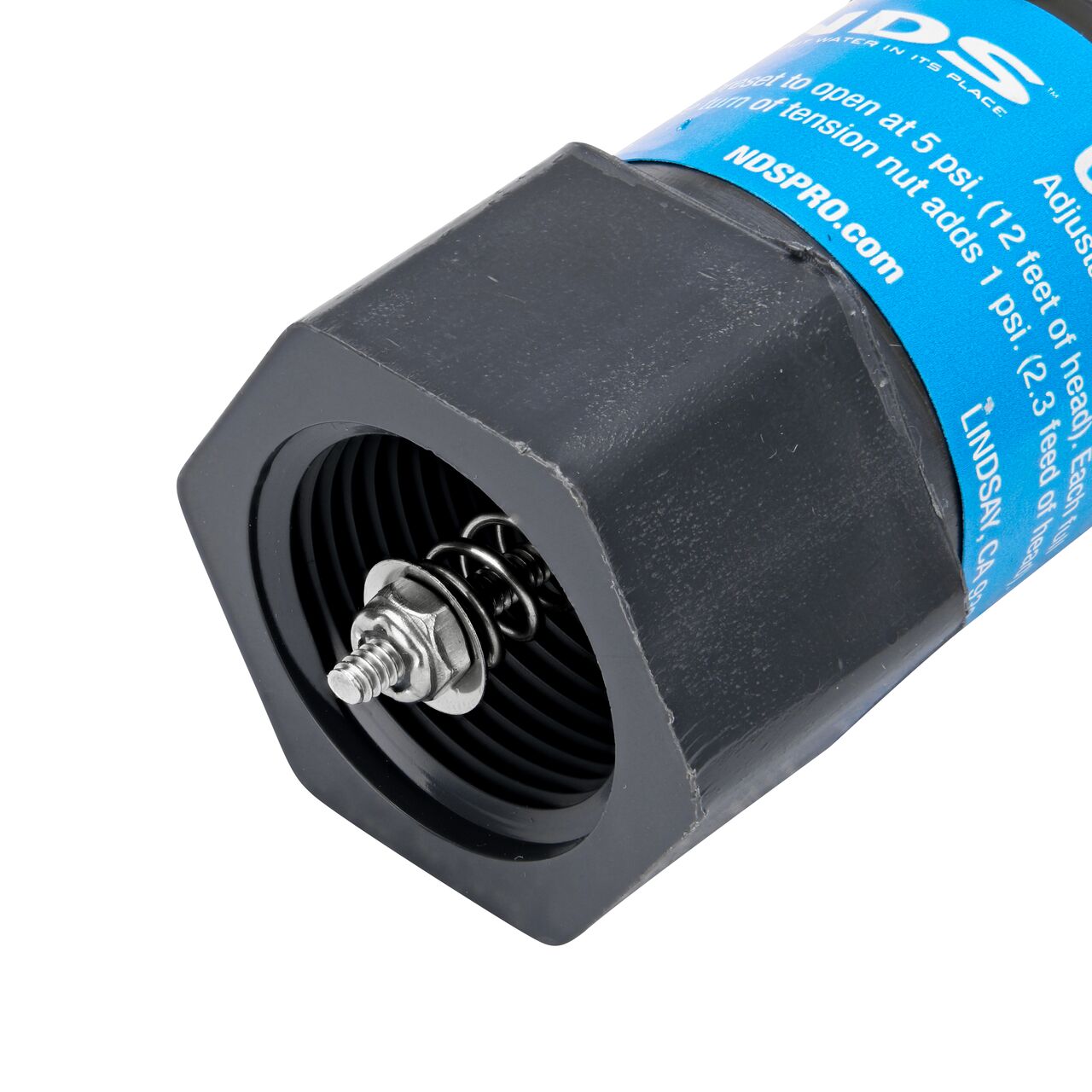 Closeup of the FPT end with needle point of the NDS Gray 3/4 in. IPS FPT X FPT PVC Adjustable Inline Spring Check Valve (NDS CV-0750-FF)