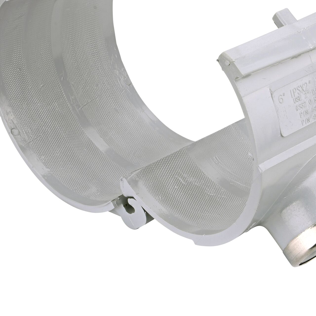 Closeup of the hinge open on the NDS Clamp-It™ Rigid PVC Saddle with 2 in. FPT connection on top (NDS 446020) for 6 in. PVC pipe